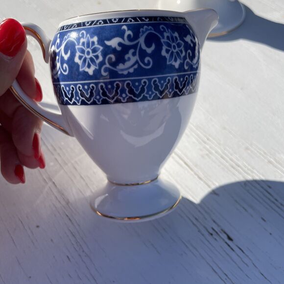 Wedgwood Blue Bokhara Coffee Pot with Gold Trim Sugar Bowl Creamer Set service - Picture 12 of 16